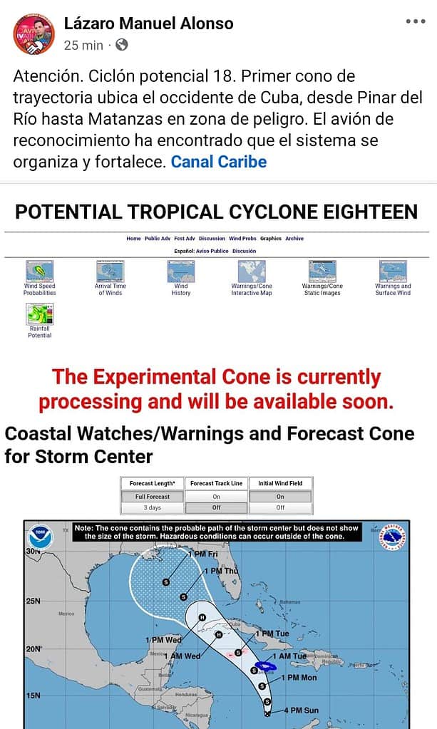 It will be a hurricane before reaching Cuba. Trajectory cone from Matanzas to Pinar del Río